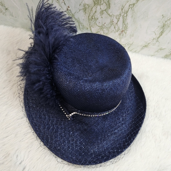 Ruth Alan Designs Navy Hat with Feathers and Rhinestones - Picture 2 of 12